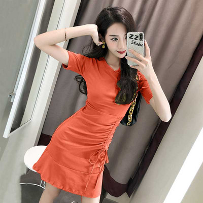 Naiste vabaaja puuvillane kleit lühikeste varrukate ja lipsudega