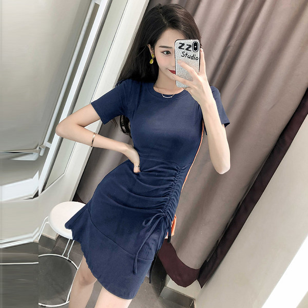 Naiste vabaaja puuvillane kleit lühikeste varrukate ja lipsudega