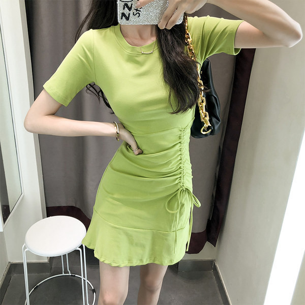 Naiste vabaaja puuvillane kleit lühikeste varrukate ja lipsudega