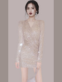 Stiilne lühike naiste kleit pikkade varrukate ja spitsikaelusega