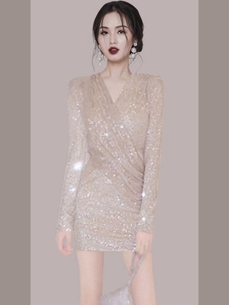 Stiilne lühike naiste kleit pikkade varrukate ja spitsikaelusega