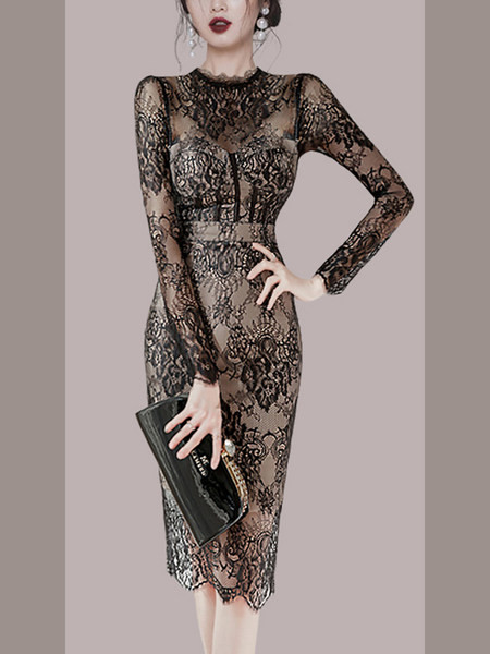 Naiste ümara kaelusega pitskleit