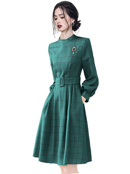 Rochie dama in carouri cu maneci lungi si decor curea