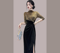 Elegantne naiste pikk kleit pikkade varrukate ja kõrge vöökohaga