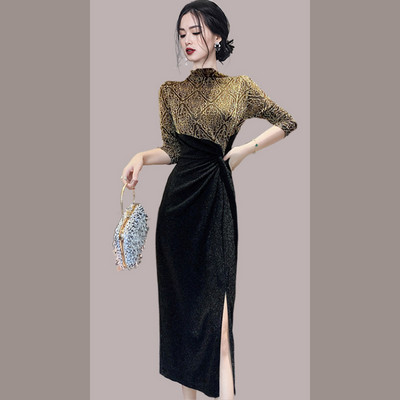 Elegantne naiste pikk kleit pikkade varrukate ja kõrge vöökohaga