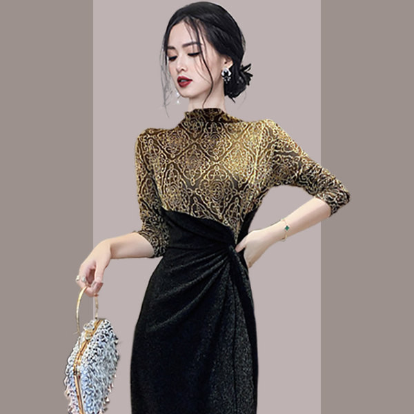 Elegantne naiste pikk kleit pikkade varrukate ja kõrge vöökohaga