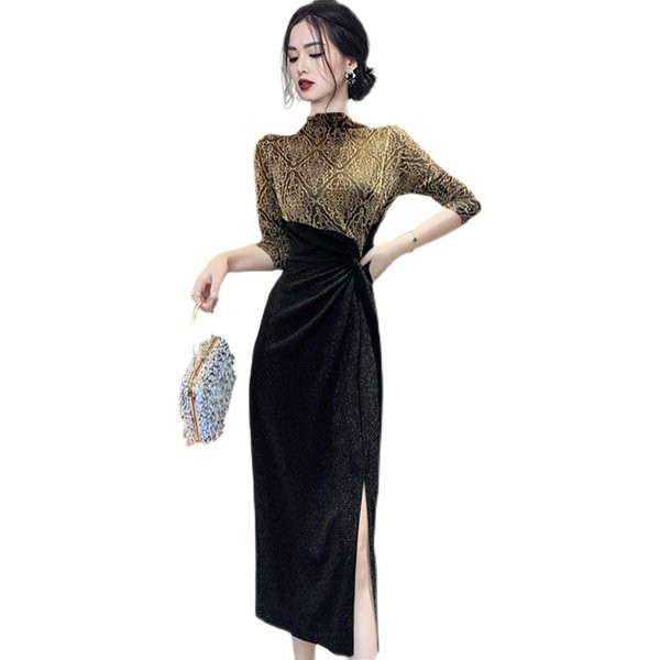 Elegantne naiste pikk kleit pikkade varrukate ja kõrge vöökohaga