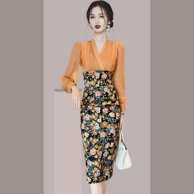 Uut mudelit spits dekoltee ja lillemustriga naiste kleit