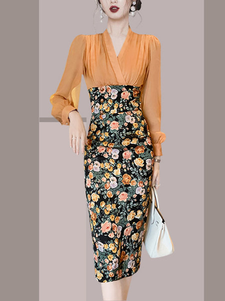 Uut mudelit spits dekoltee ja lillemustriga naiste kleit