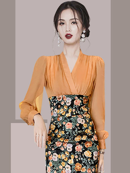 Uut mudelit spits dekoltee ja lillemustriga naiste kleit