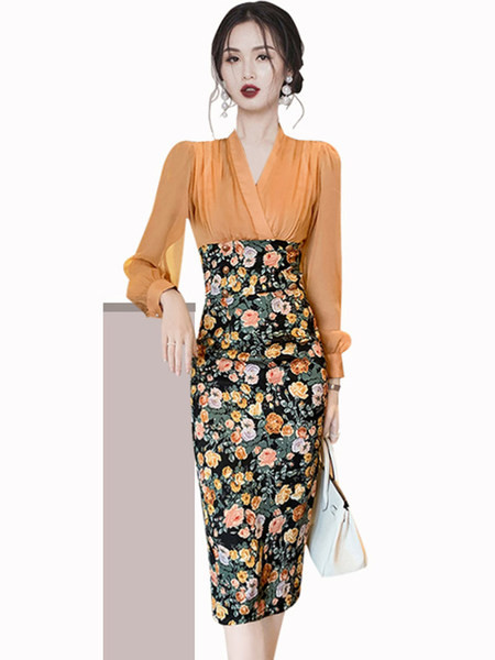 Uut mudelit spits dekoltee ja lillemustriga naiste kleit