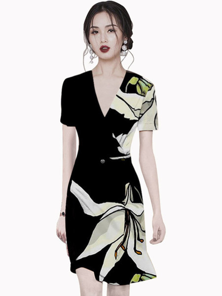 Kaasaegne naiste kleit spits kaelusega ja lillemustriga