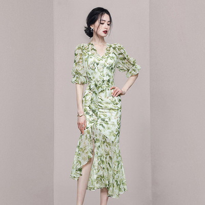 Rochie lunga de dama cu maneci scurte si motive florale