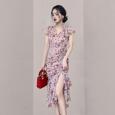 Rochie moderna de dama cu model floral si cravate