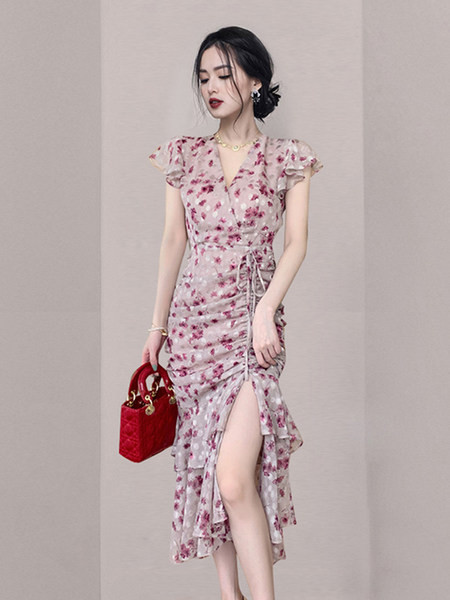 Rochie moderna de dama cu model floral si cravate