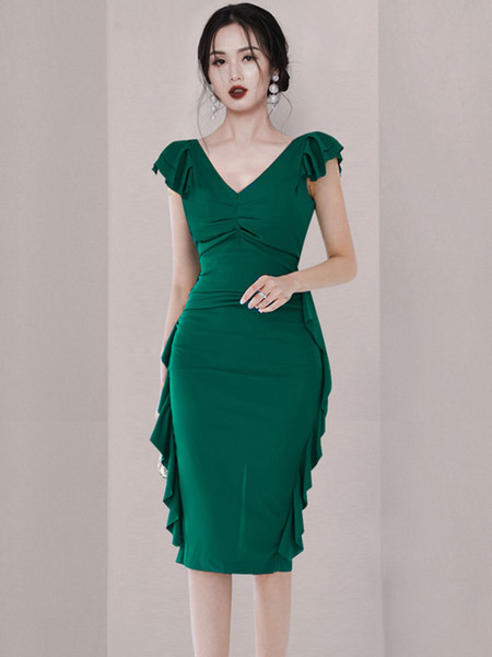 Rochie lunga de dama cu decolteu in V si bucle