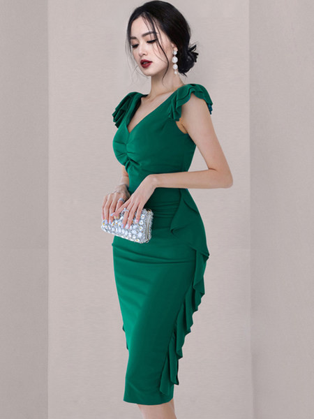 Rochie lunga de dama cu decolteu in V si bucle