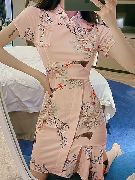 Rochie de dama roz cu maneci scurte si guler jos