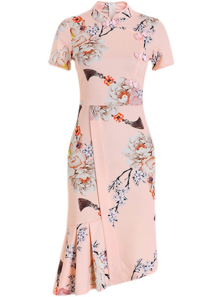 Rochie de dama roz cu maneci scurte si guler jos