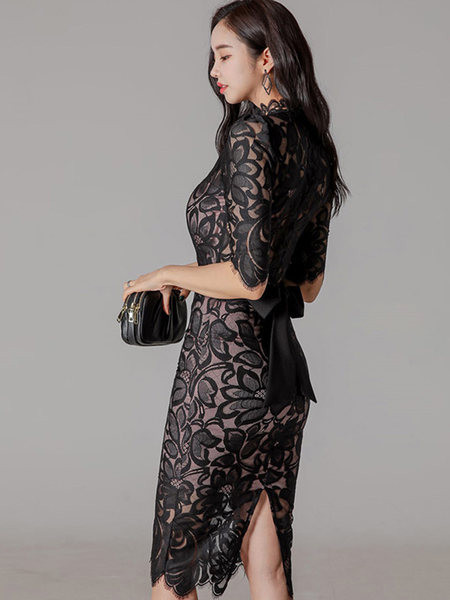 Stiilne naiste paelaga pitsiga liibuv kleit