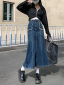 Denimlõikeline kõrge vöökoha ja taskutega seelik