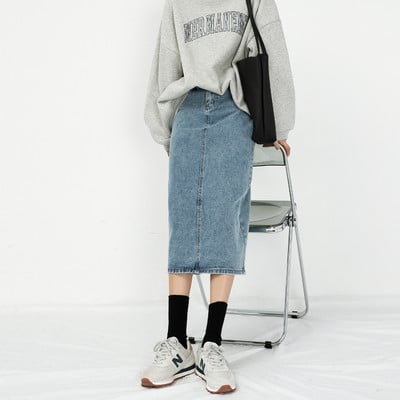 Pikk kõrge vöökohaga teksaseelik