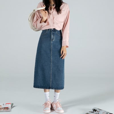 Pikk kõrge vöökohaga teksaseelik