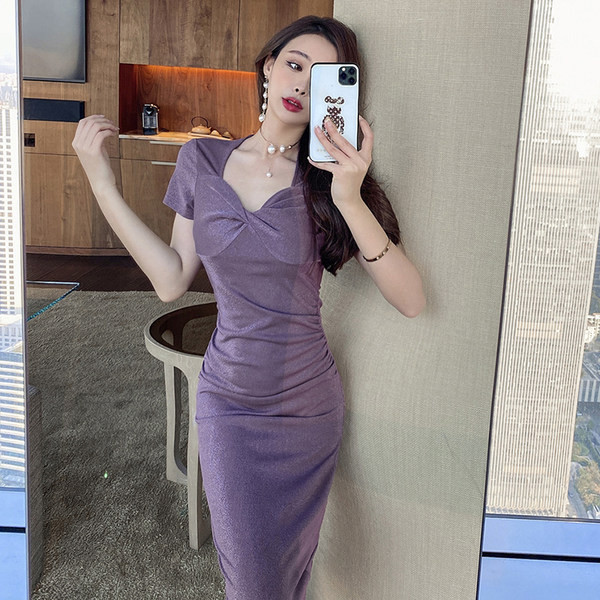 Lilla värvi lühikeste varrukatega naiste pikk kleit