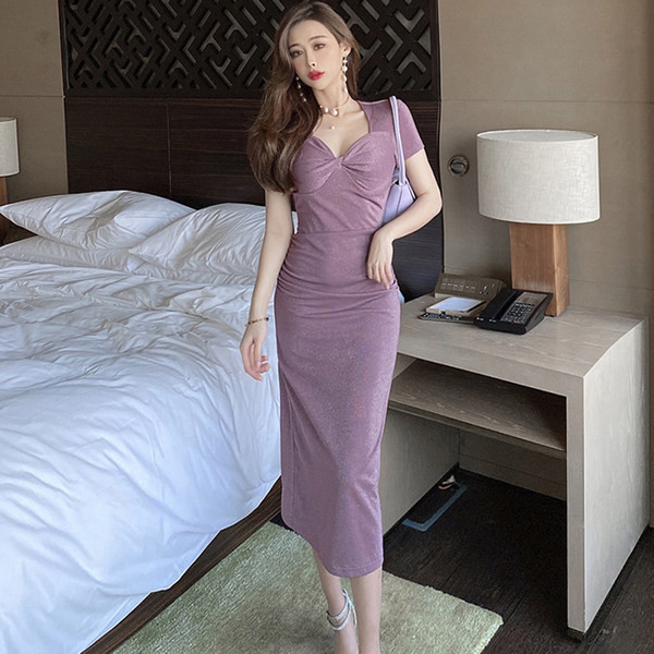 Lilla värvi lühikeste varrukatega naiste pikk kleit