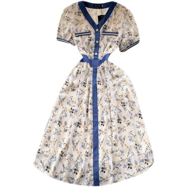 Spitsikaelusega naiste kleit lühikeste varrukatega