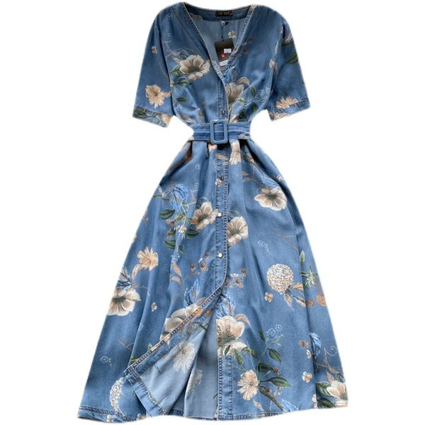 Vöö ja lillemustriga naiste kleit - sinine värv