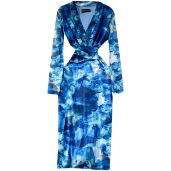 Moderna ženska haljina plave boje sa špic izrezom