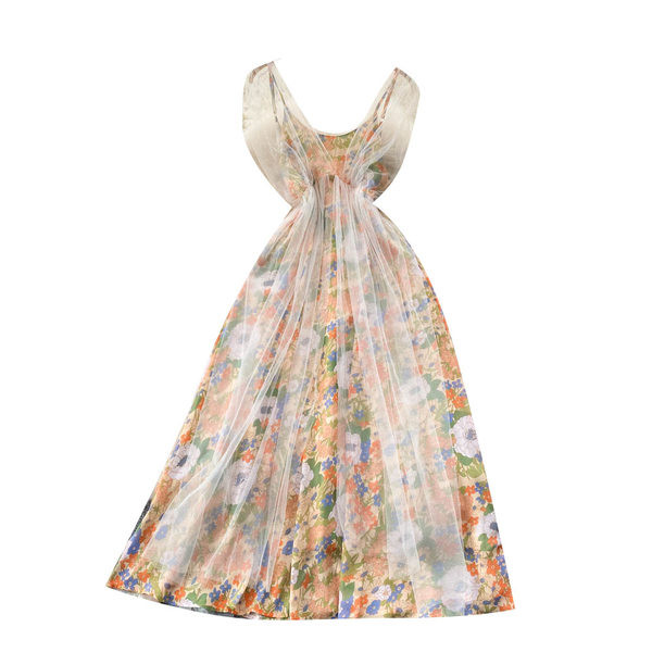 Värviline naiste kleit peenikeste rihmade ja tülliga