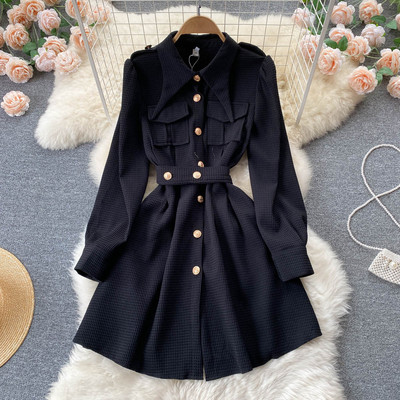 Moodne taskute ja kuldsete nööpidega kleit-särk