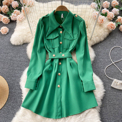 Moodne taskute ja kuldsete nööpidega kleit-särk