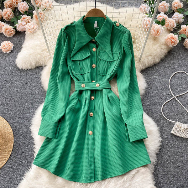 Moodne taskute ja kuldsete nööpidega kleit-särk