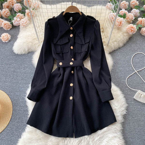 Moodne taskute ja kuldsete nööpidega kleit-särk