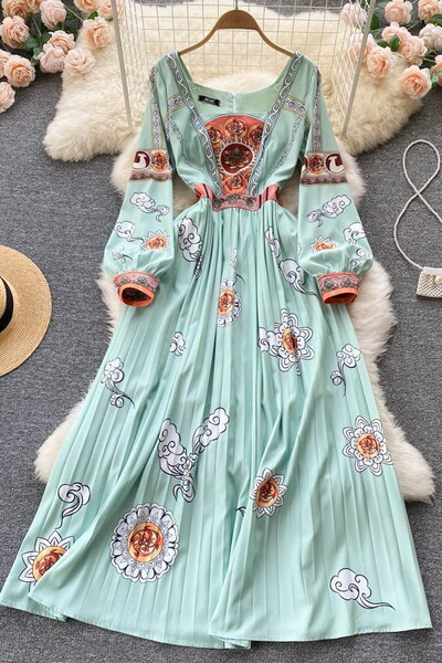 Stiilne roheline ümara kaelusega naiste kleit