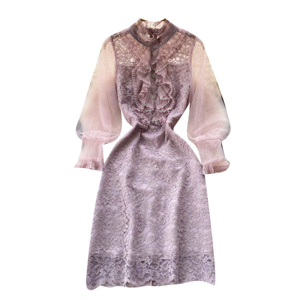 Stiilne naiste kleit pitsi ja tülli varrukatega