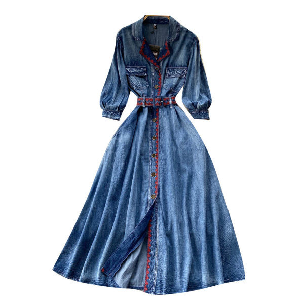 Sinine naiste kleit vöö ja 3/4 varrukatega