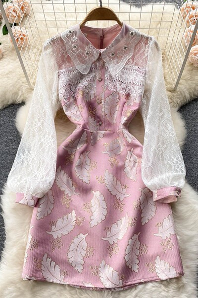 Rochie de dama cu maneci din dantela de culoare roz