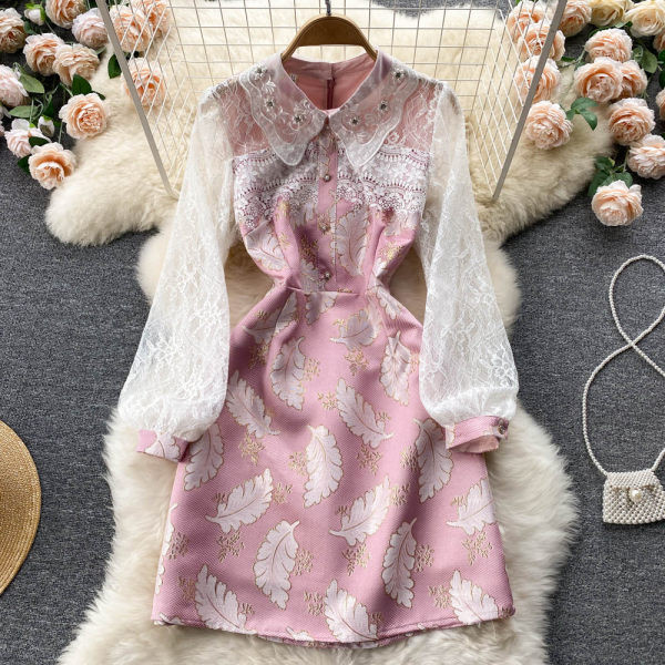 Rochie de dama cu maneci din dantela de culoare roz