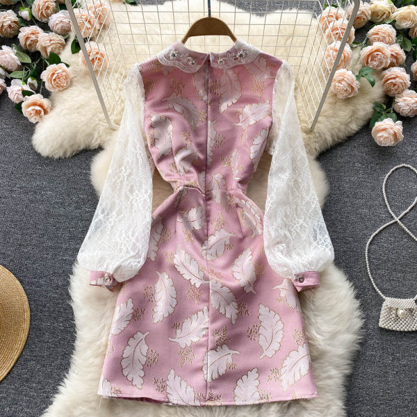 Rochie de dama cu maneci din dantela de culoare roz