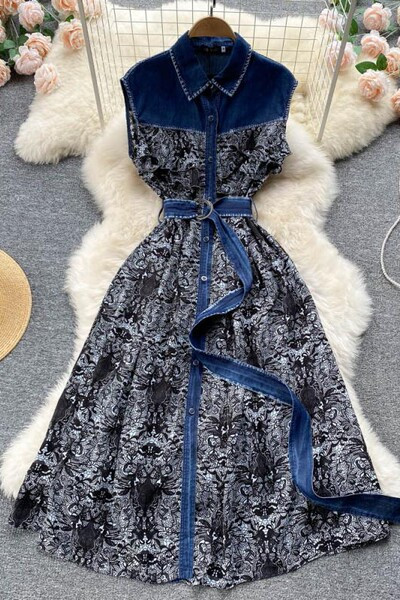 Pika lõikega kleit teksaelementidega