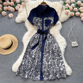 Naiste kleit lühikeste varrukatega vöö ja taskuga