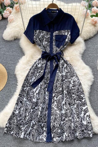 Naiste kleit lühikeste varrukatega vöö ja taskuga