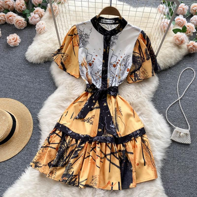 Naiste vabaaja kleit vöö ja trükiga