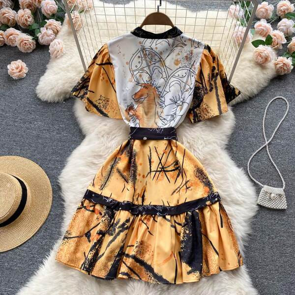 Naiste vabaaja kleit vöö ja trükiga