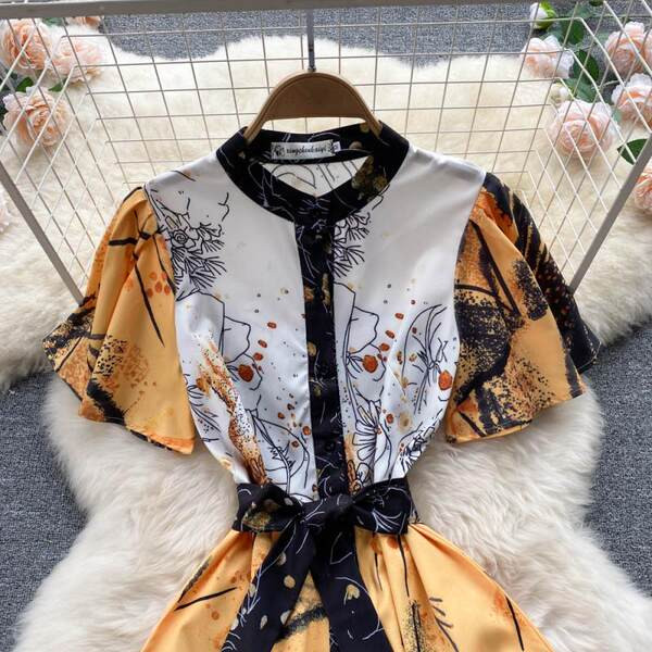 Naiste vabaaja kleit vöö ja trükiga