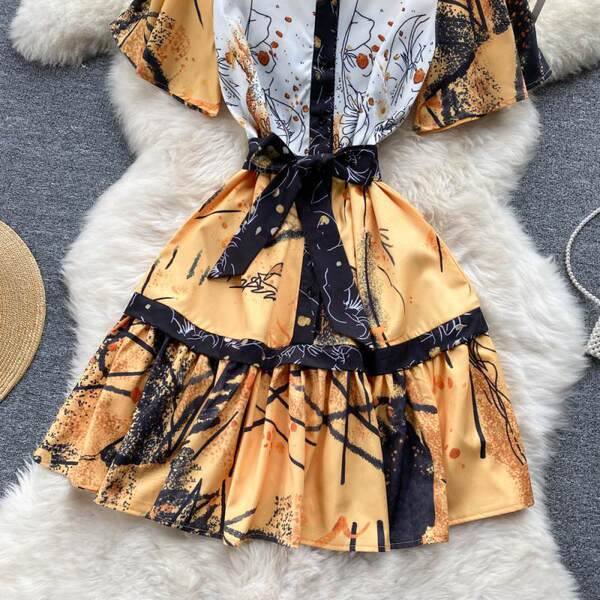 Naiste vabaaja kleit vöö ja trükiga